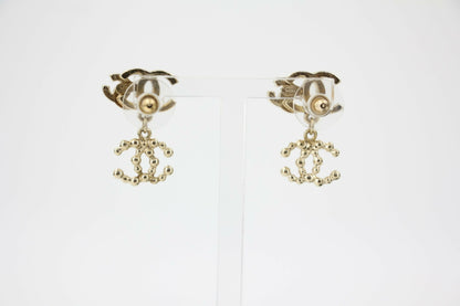 Chanel Vintage 10A Rhinestone Metal Triple CC Stud Earrings