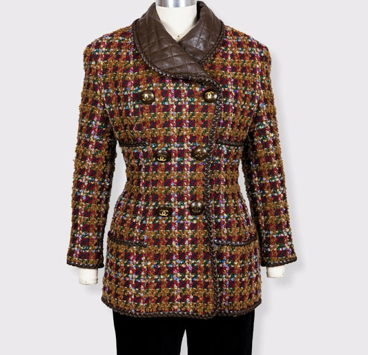 Chanel 1992 Spring/Summer Vintage Brown Tweed and Leather Jacket