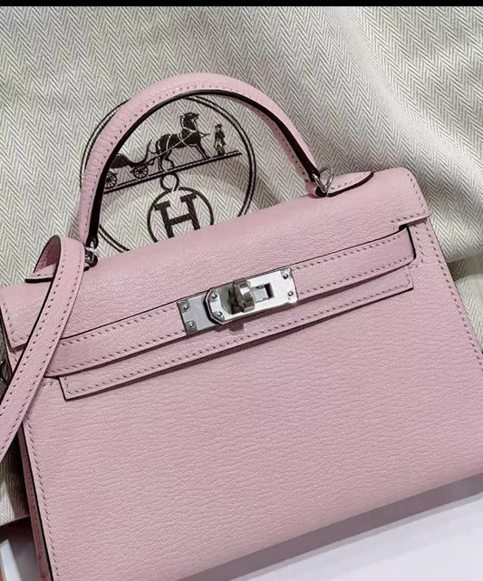 Hermès Mini Kelly Ii (Kelly 20) Rose Sakura Chevre Mysore / Goatskin Leather With Nata Interior Bicolor & Palladium Hardware W Stamp