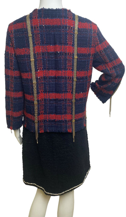 RARE CHANEL 08P RUNWAY BLUE RED GOLD CC CHAINS TWEED JACKET FR 44