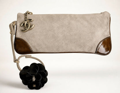 CHANEL TAUPE SUEDE LEATHER CAMELLIA BRACELET WRIST CLUTCH BAG