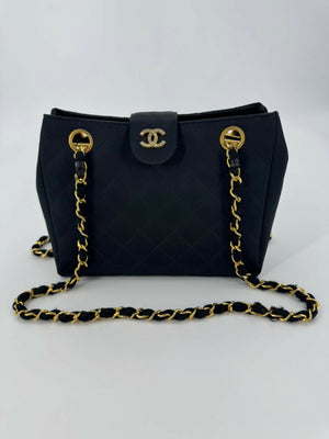 Chanel Vintage Satin and Rhinestone Shiny Black Shoulder Bag