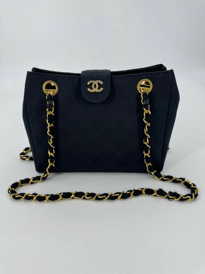 Chanel Vintage Satin and Rhinestone Shiny Black Shoulder Bag