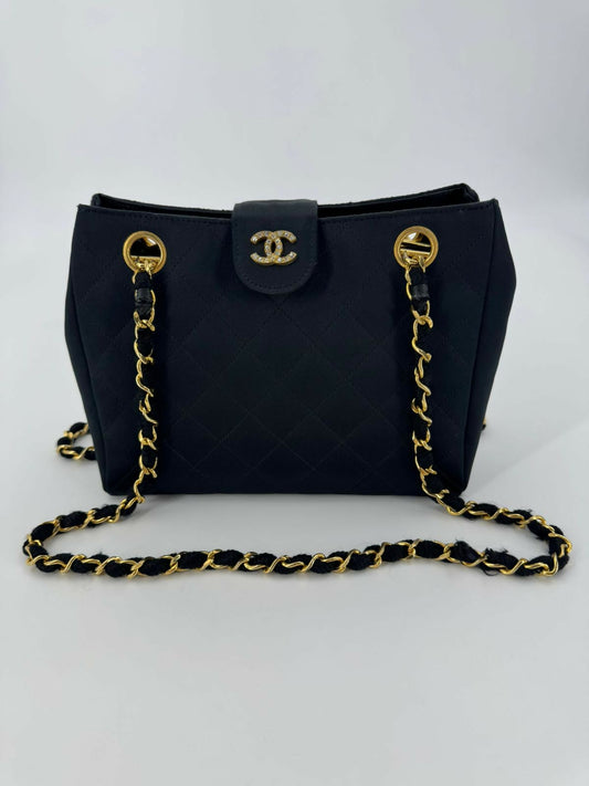 Chanel Vintage Satin and Rhinestone Shiny Black Shoulder Bag