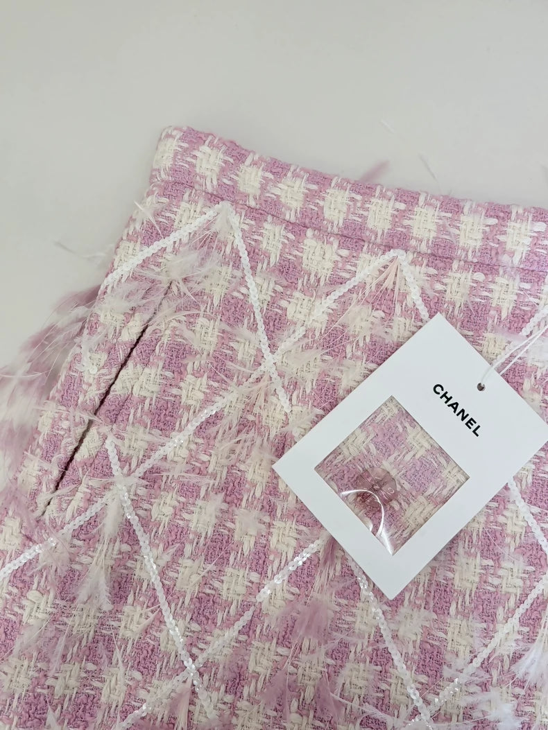 Chanel 23S Pink Tweed Feather Skirt