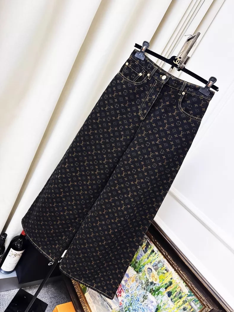 Louis Vuitton (LV) black and brown wide-leg jeans with all-over monogram print