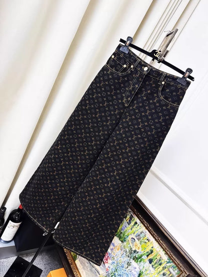 Louis Vuitton (LV) black and brown wide-leg jeans with all-over monogram print