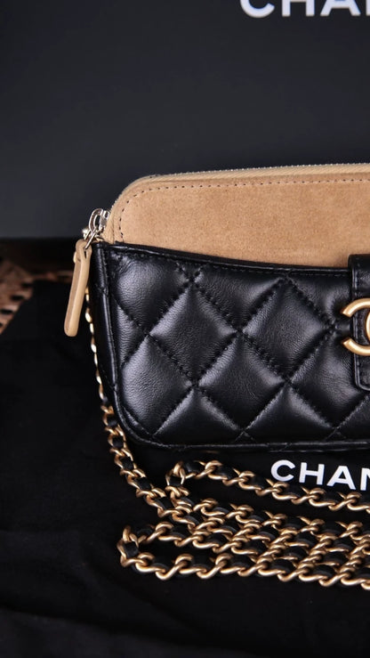 Chanel 25A Camel Suede and Black Lambskin Shoulder Bag