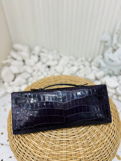 Hermes Kelly cut purple prunoir shiny crocodile palladium hardware