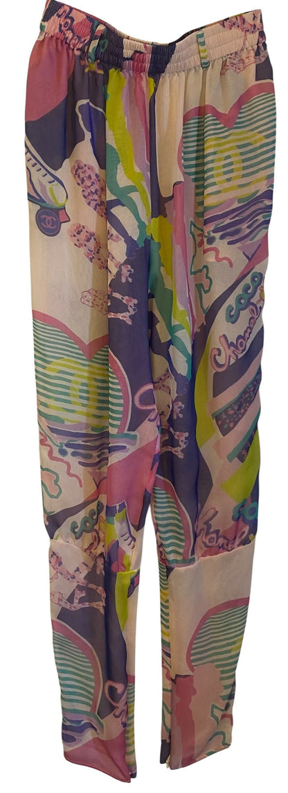 Chanel 24C Runway MultiColor Graffiti Silk Harem Pants FR 34