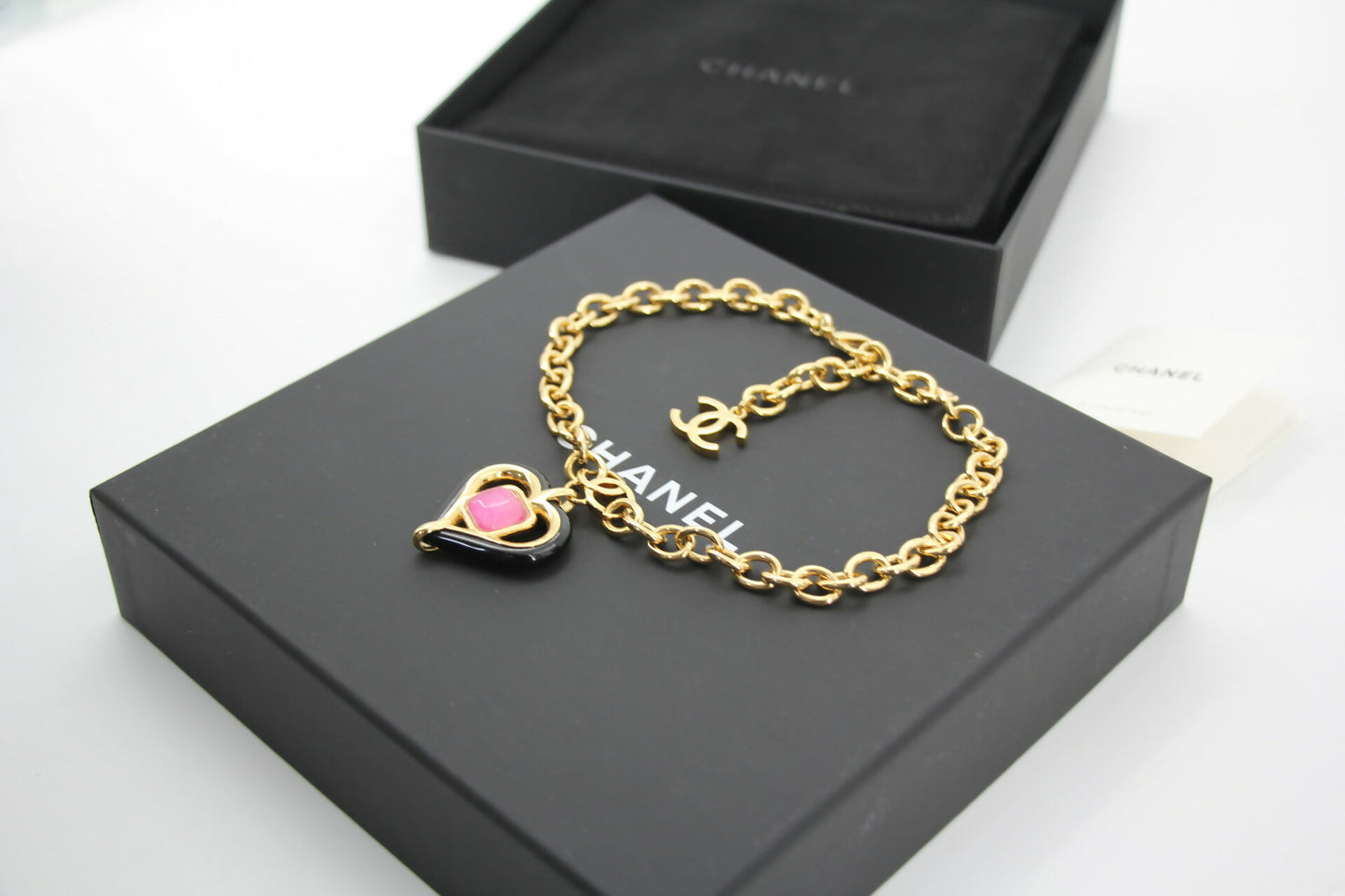 Chanel B23C Metal Black and Pink Heart-Shaped Pendant Gold Chain Necklace