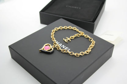 Chanel B23C Metal Black and Pink Heart-Shaped Pendant Gold Chain Necklace