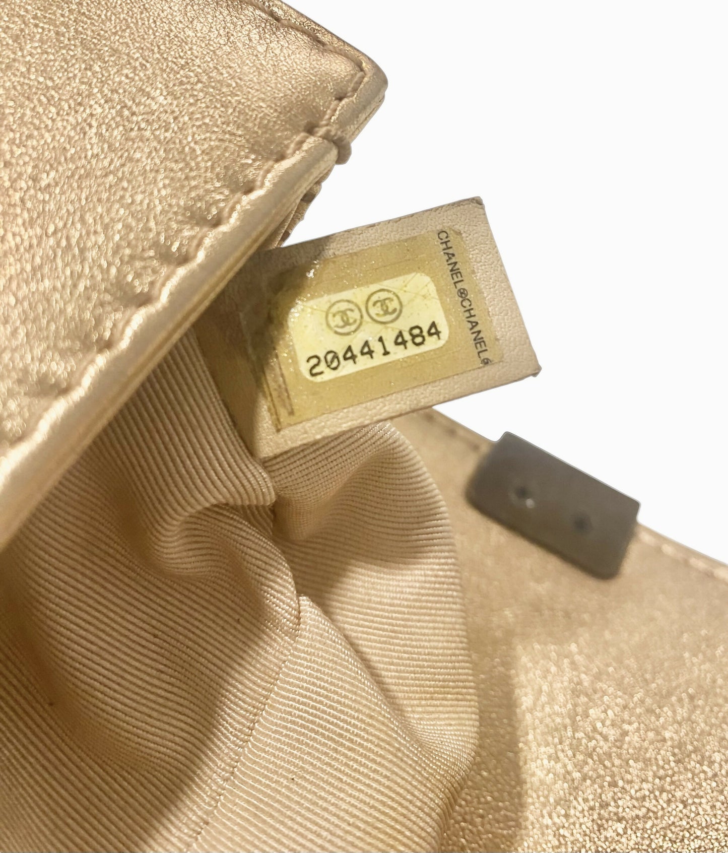 Chanel 15C Paris Dubai Rose Gold Metallic Calfskin Perforated Small Boy Flap Bag