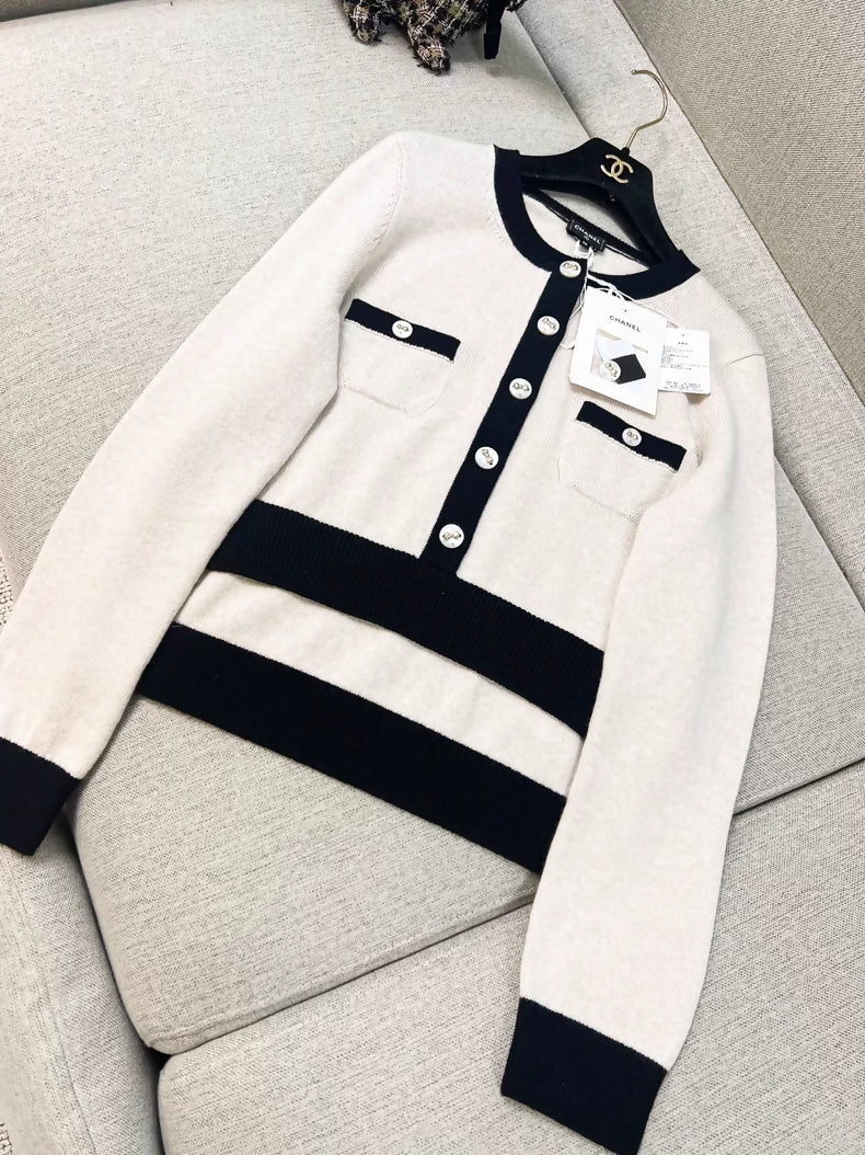 Chanel 25k beige and black two-piece knit top