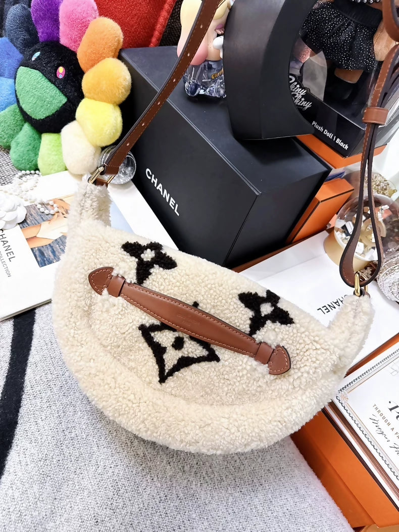 Louis Vuitton beige lamb wool teddy waist bag