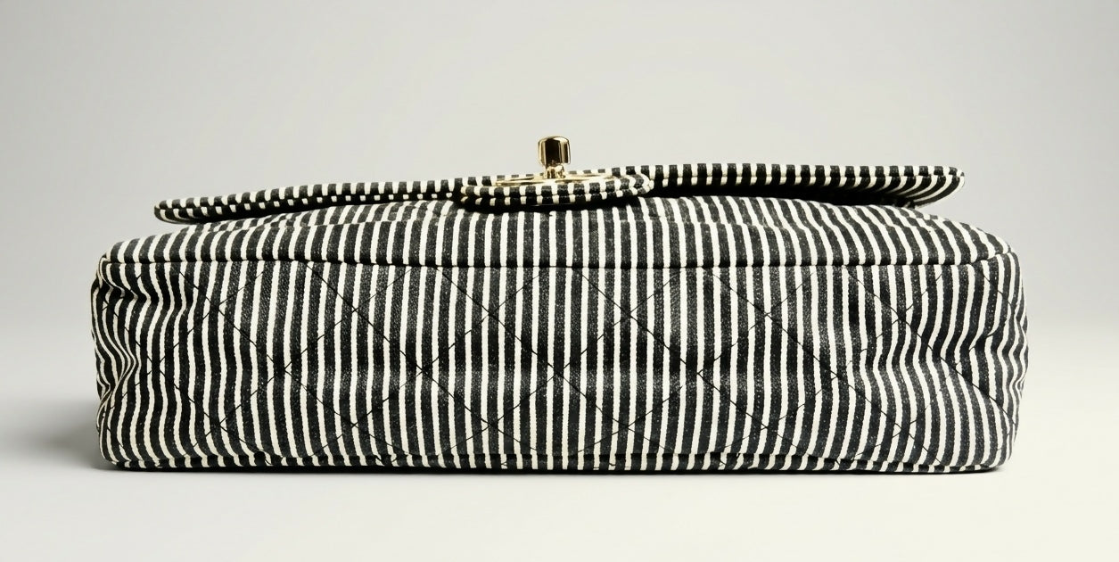 Chanel 08C Medium Black White Stripe Denim Canvas Classic Double Flap Bag