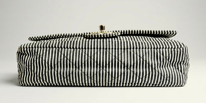 Chanel 08C Medium Black White Stripe Denim Canvas Classic Double Flap Bag