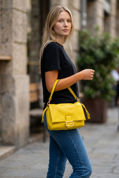 FENDI 2026 Medium Mamma Baguette Yellow Nappa Leather Bag