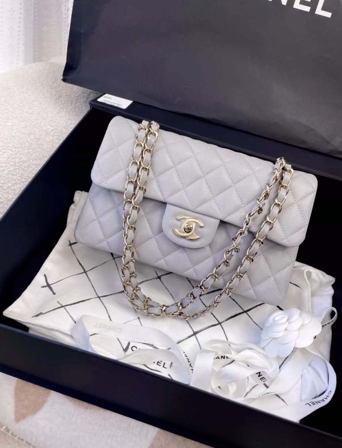 Chanel Small Classic Double Flap Pearl Grey Caviar Gold Hardware