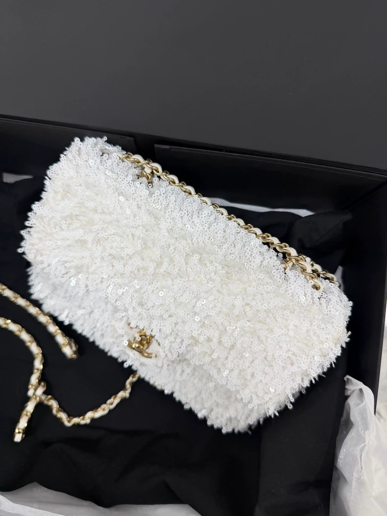 Chanel 25S White Sequin Flap Bag (CF) - Large Mini -
