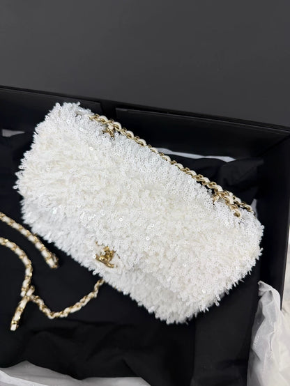Chanel 25S White Sequin Flap Bag (CF) - Large Mini -