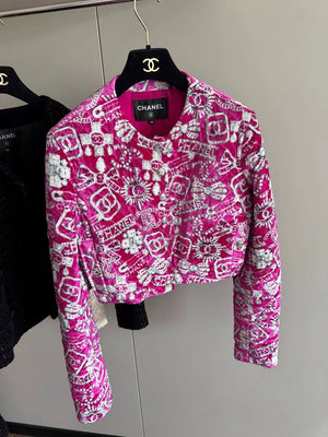 Chanel 23N Pink Jeweled CC Logo Jacket