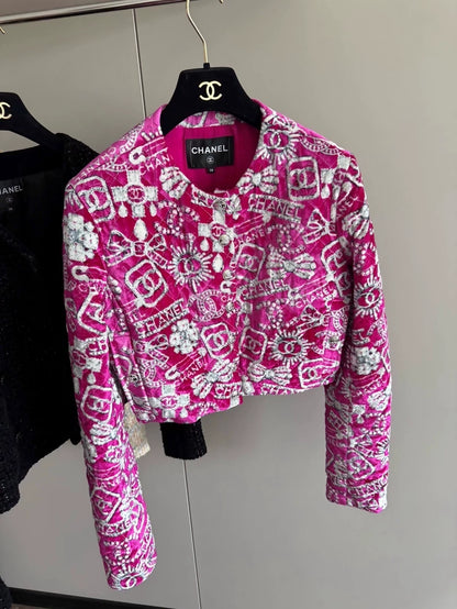 Chanel 23N Pink Jeweled CC Logo Jacket
