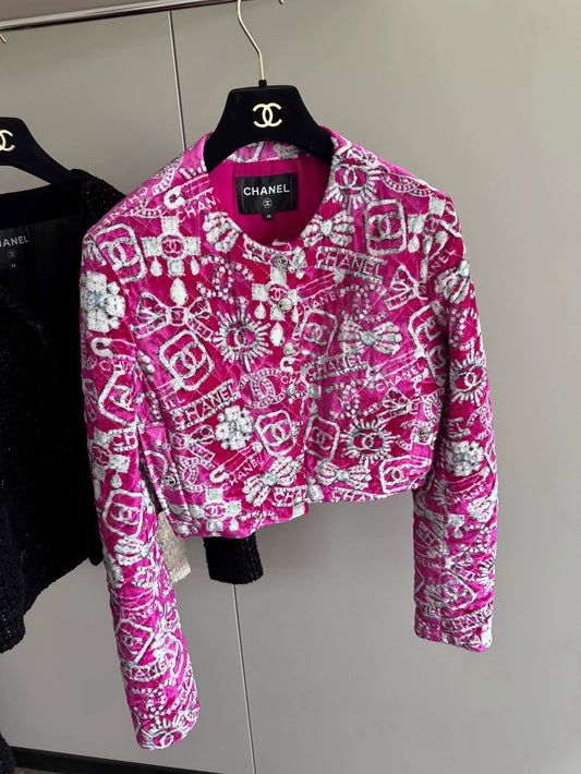 Chanel 23N Pink Jeweled CC Logo Jacket