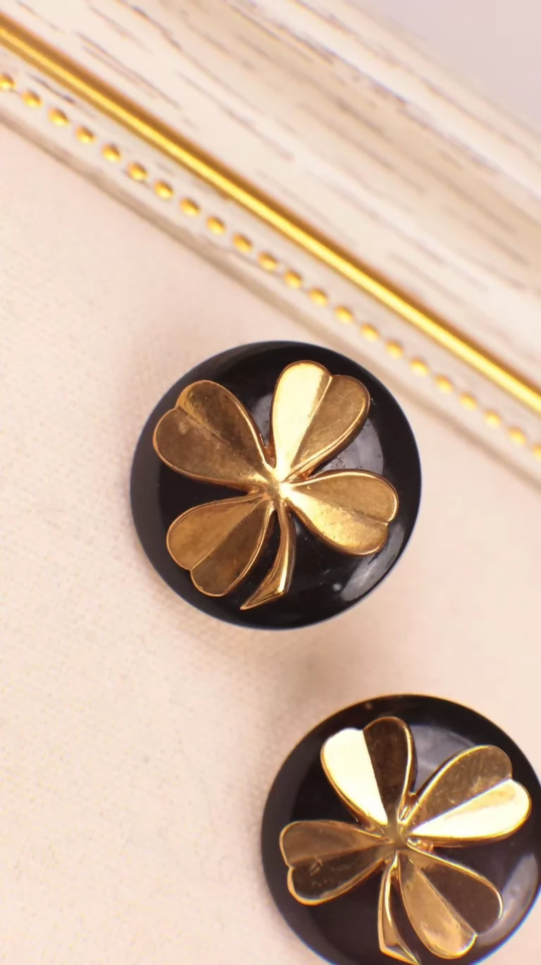 Chanel 1993 Black and Gold Clover Earrings