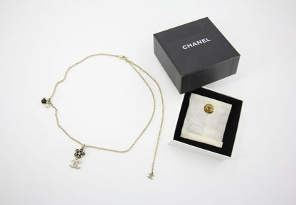 Chanel A21C Rhinestone Black Pendant Camellia Light Gold Necklace