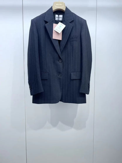 Miu Miu striped logo patch suit jacket