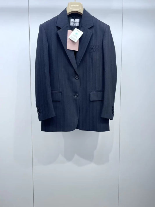 Miu Miu striped logo patch suit jacket