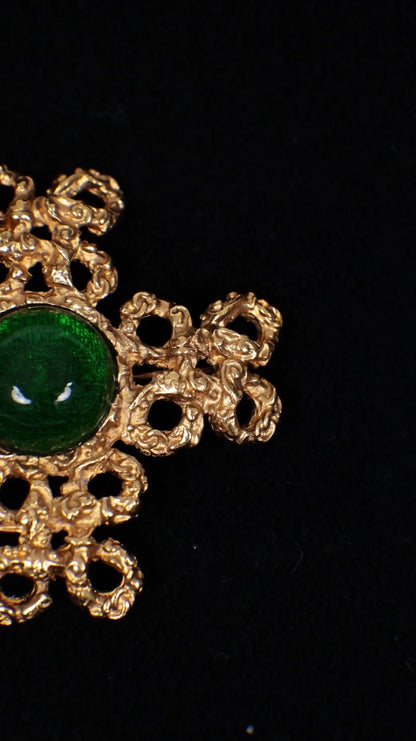 Chanel 1993 Gold Lava Green Glass Cross Brooch