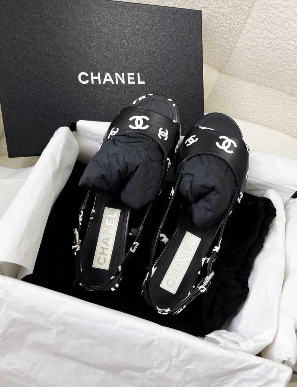 Chanel 22S  Black and White Double C Full Logo Slingback sandals