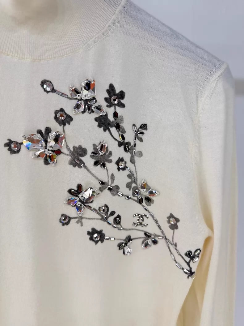 Chanel 22K ecru beaded camellia wool turtleneck top