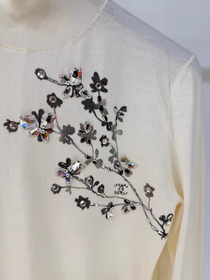 Chanel 22K ecru beaded camellia wool turtleneck top