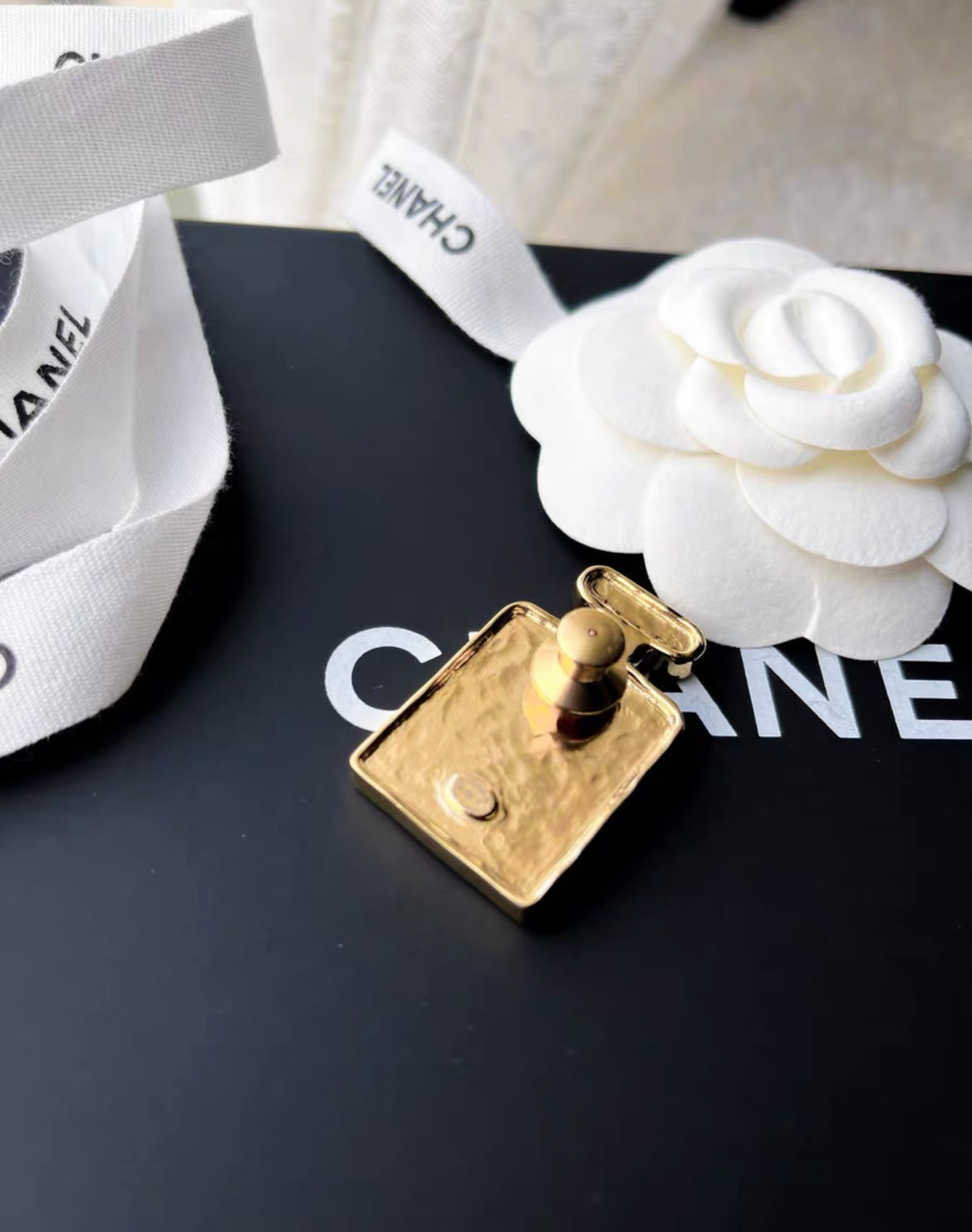 Chanel 23S Gold Leather Diamond Perfume Bottle Brooch