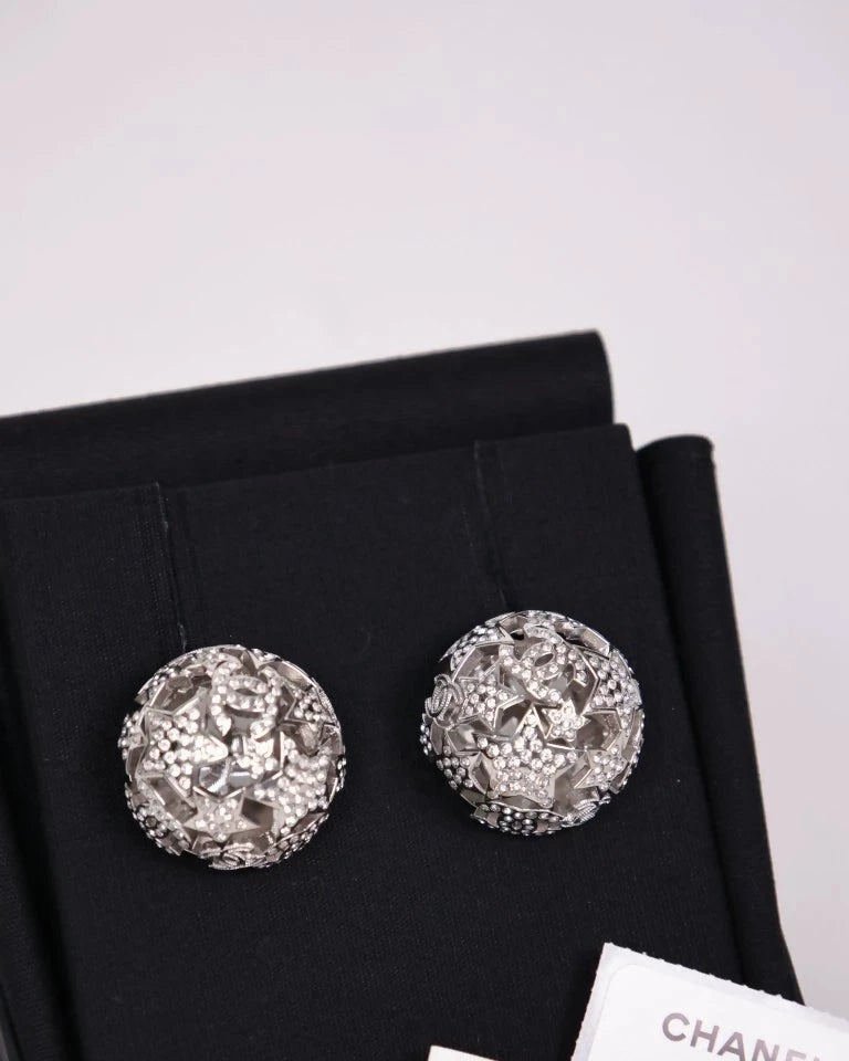 Chanel 25A Silver Sphere Star CC Full Diamond Stud Earrings