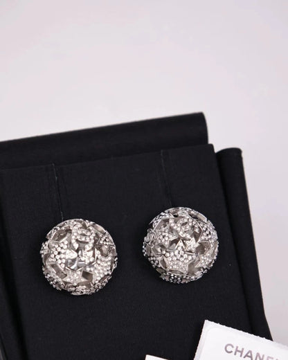 Chanel 25A Silver Sphere Star CC Full Diamond Stud Earrings