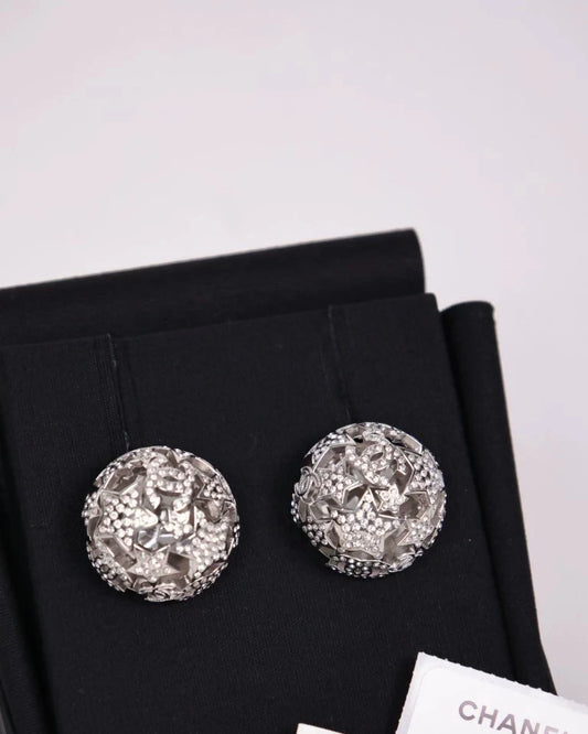 Chanel 25A Silver Sphere Star CC Full Diamond Stud Earrings