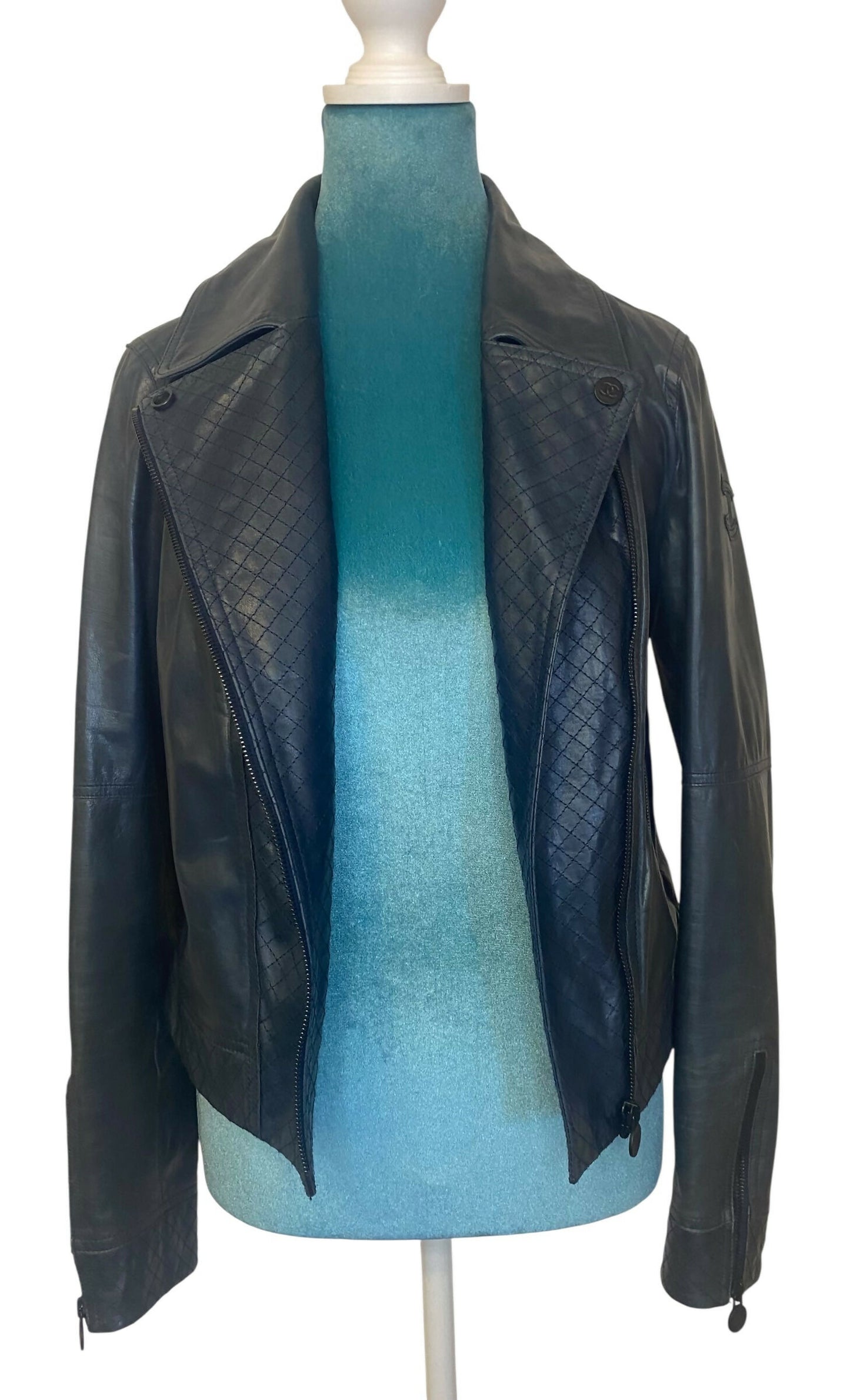 Chanel 12P Navy Blue Petrol Quilted Leather Biker Jacket FR 36