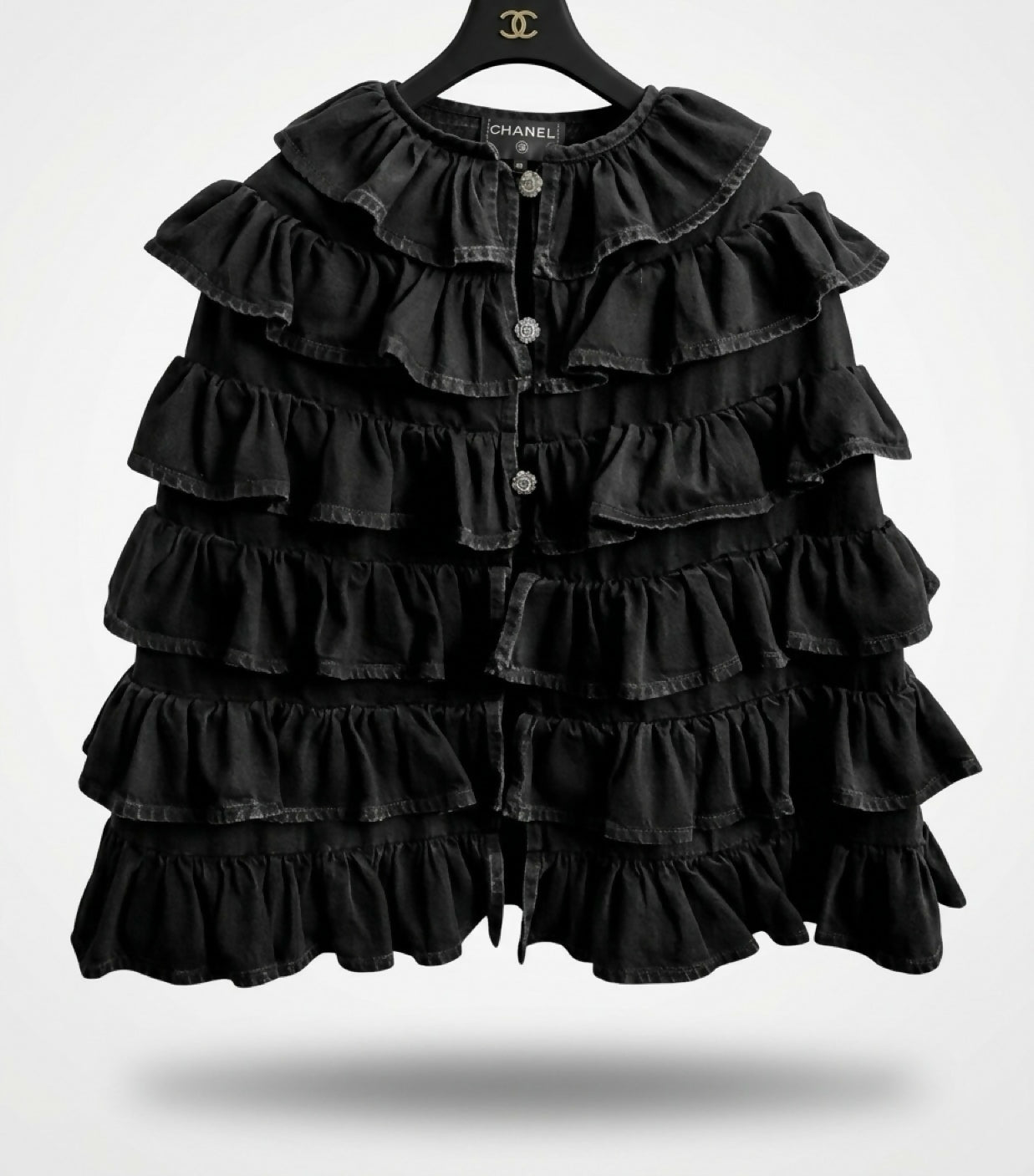 Rare Chanel 24A Paris Manchester Runway Black Denim Coat Jacket Cape FR 36