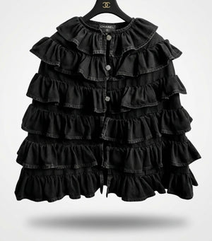 Rare Chanel 24A Paris Manchester Runway Black Denim Coat Jacket Cape FR 36