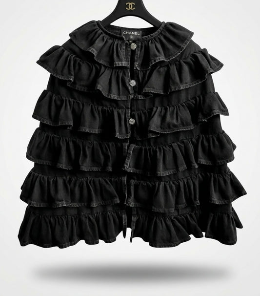 Rare Chanel 24A Paris Manchester Runway Black Denim Coat Jacket Cape FR 36
