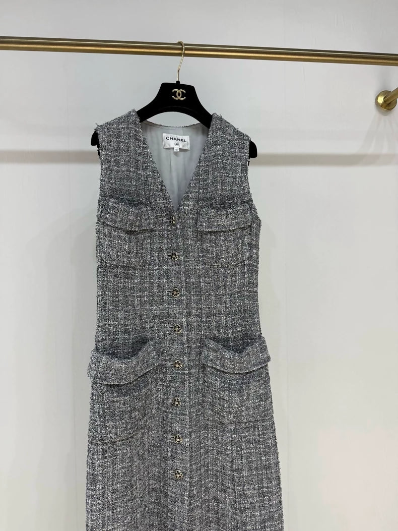 Chanel 24P grey long tweed cardigan