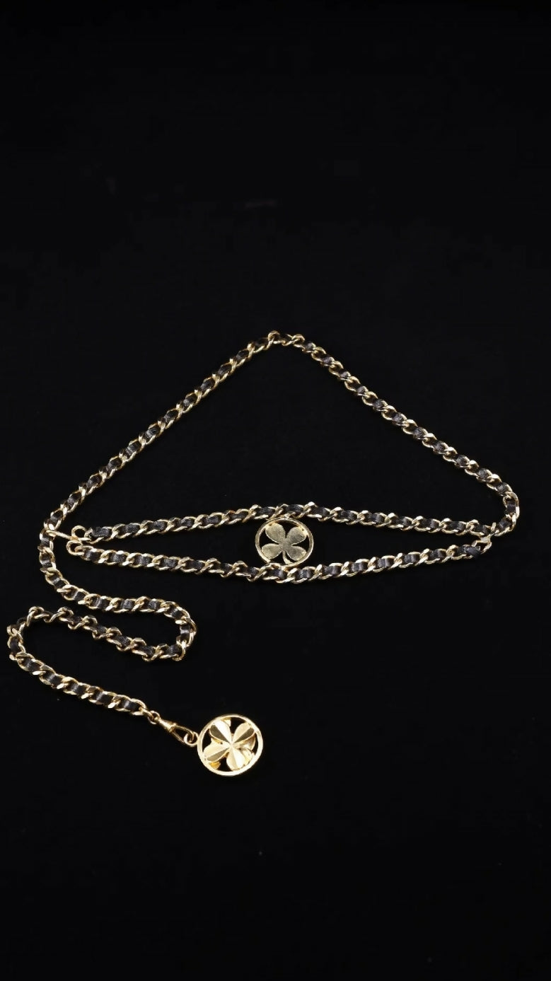 Chanel black and gold double-layer leather chain clover waist chain