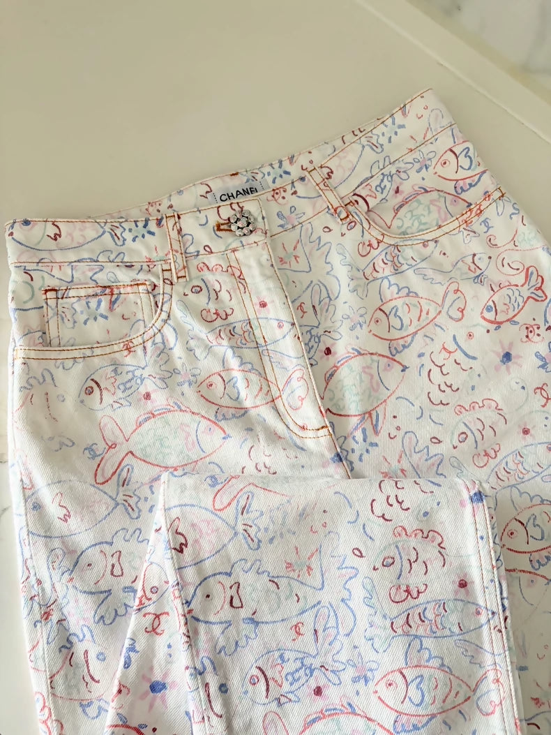 Chanel Fish print Straight Leg Pants