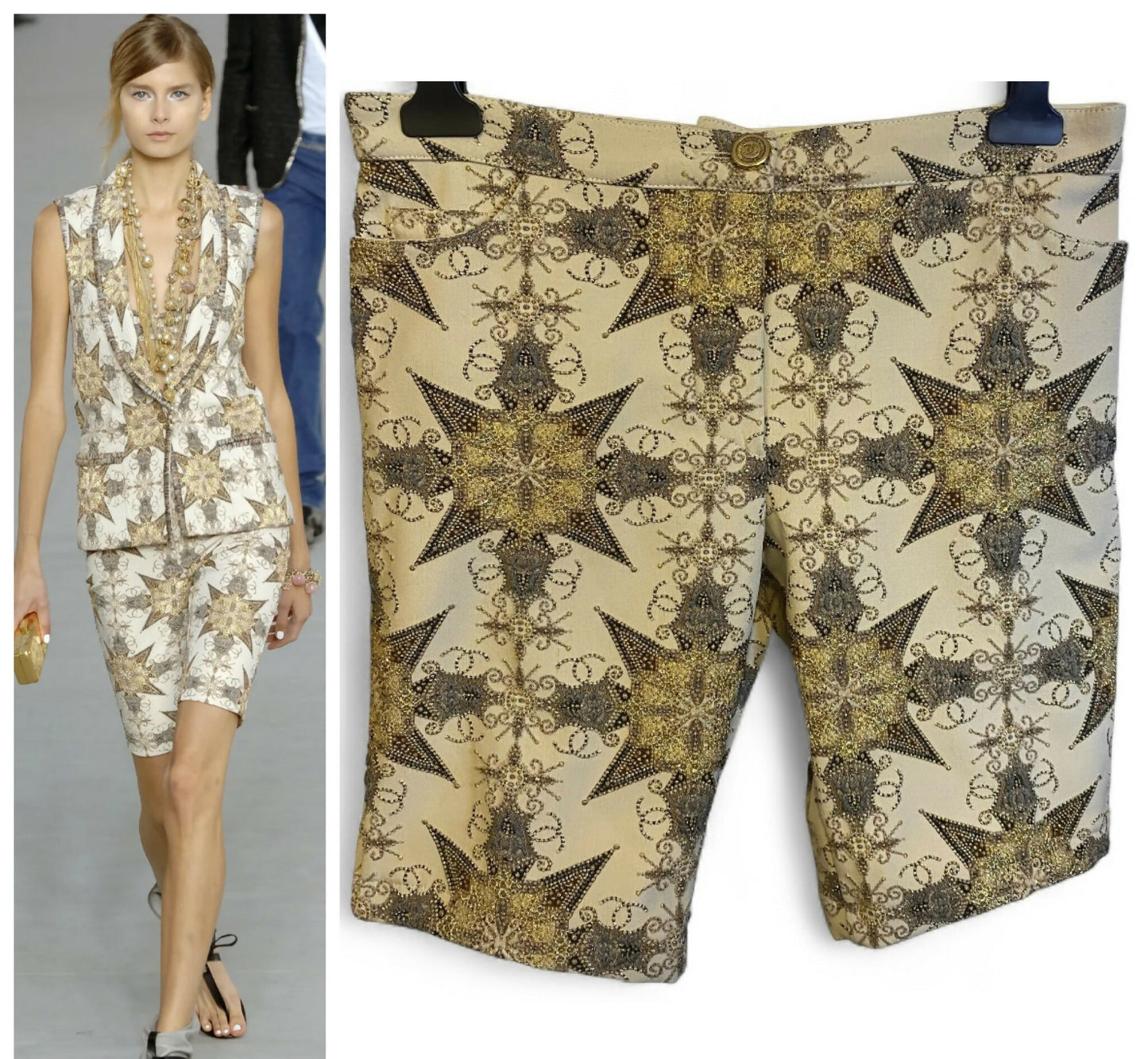 Rare Chanel 06P Ecru Gold Metallic Bermuda Shorts FR 38