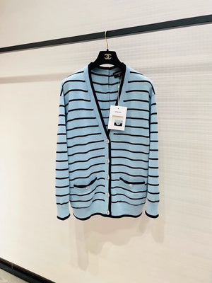 Chanel 25S blue striped double-faced cashmere knit cardigan