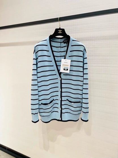 Chanel 25S blue striped double-faced cashmere knit cardigan